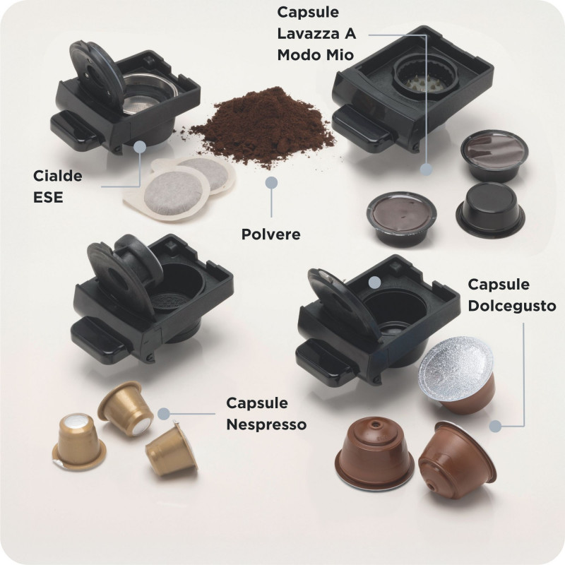 Macchina da caffè espresso a cassetto per capsule Nespresso*, Dolcegusto* e Lavazza A Modo mio*, cialde e polvere