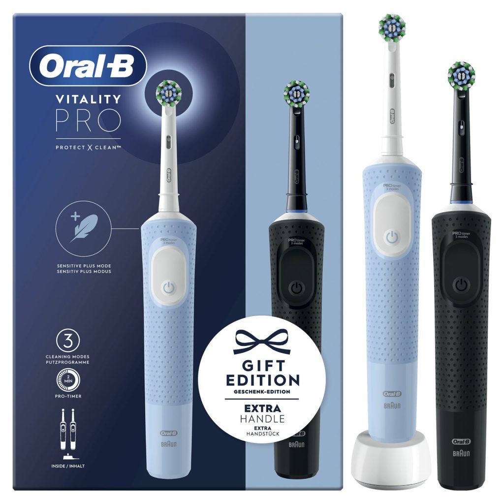 Oral-B Vitality Pro Duo – Confezione 2 Spazzolini Elettrici + 2 Testine e Caricatore