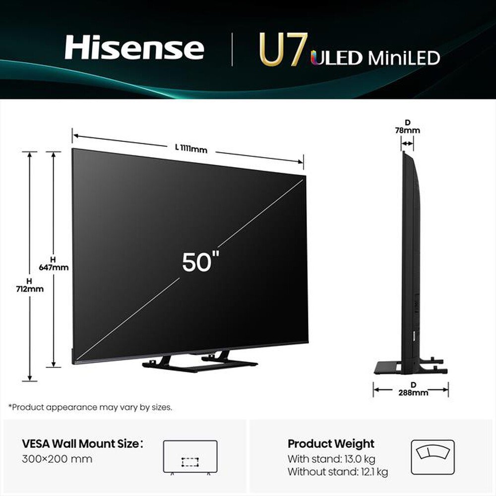 Hisense Smart TV 50 Pollici 4K Ultra HD Display QLED 144 Hz Sistema Operativo VIDAA Classe E colore Nero - 50U79Q