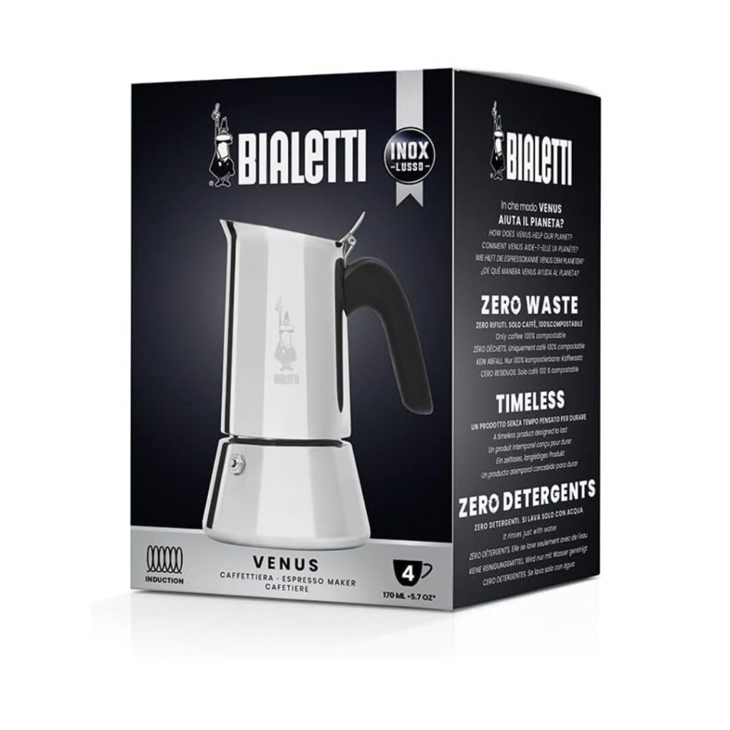Bialetti Venus - Caffettiera ad induzione, Acciaio inossidabile, Adatta a tutti i tipi di piatti, 4 tazze da caffè (170 ml), Argento