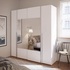 Armadio Callia 2 ante battenti bianco e 2 ante scorrevoli con specchio 200.1x61.2xH210.5 cm.