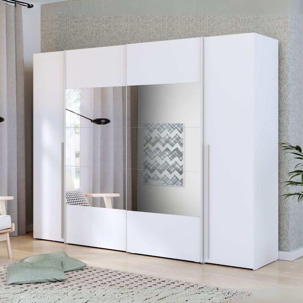 Armadio Callia con 2 ante battenti colore bianco e 2 ante scorrevoli con specchio 270.3x61.2xH210.5 cm.