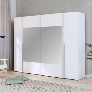 Armadio Callia con 2 ante battenti colore bianco e 2 ante scorrevoli con specchio 270.3x61.2xH210.5 cm.