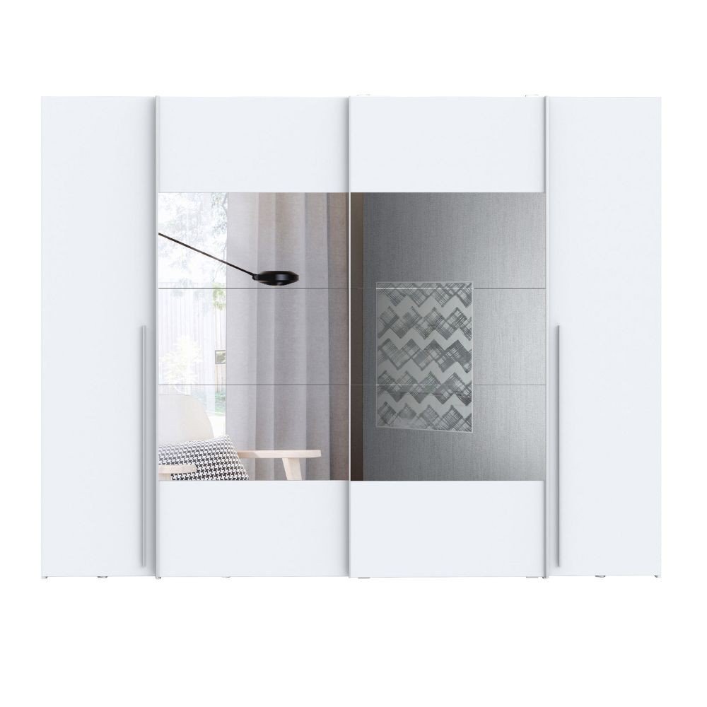 Armadio Callia con 2 ante battenti colore bianco e 2 ante scorrevoli con specchio 270.3x61.2xH210.5 cm.