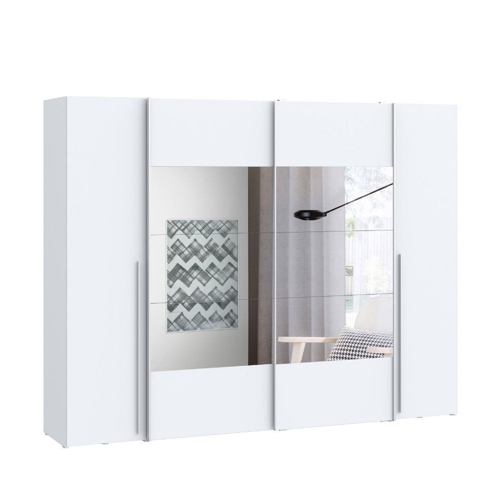 Armadio Callia con 2 ante battenti colore bianco e 2 ante scorrevoli con specchio 270.3x61.2xH210.5 cm.