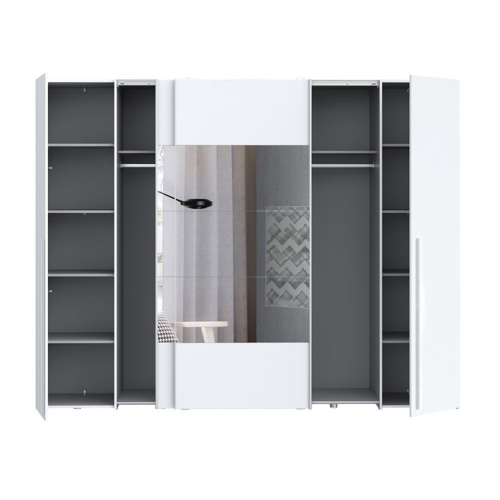 Armadio Callia con 2 ante battenti colore bianco e 2 ante scorrevoli con specchio 270.3x61.2xH210.5 cm.
