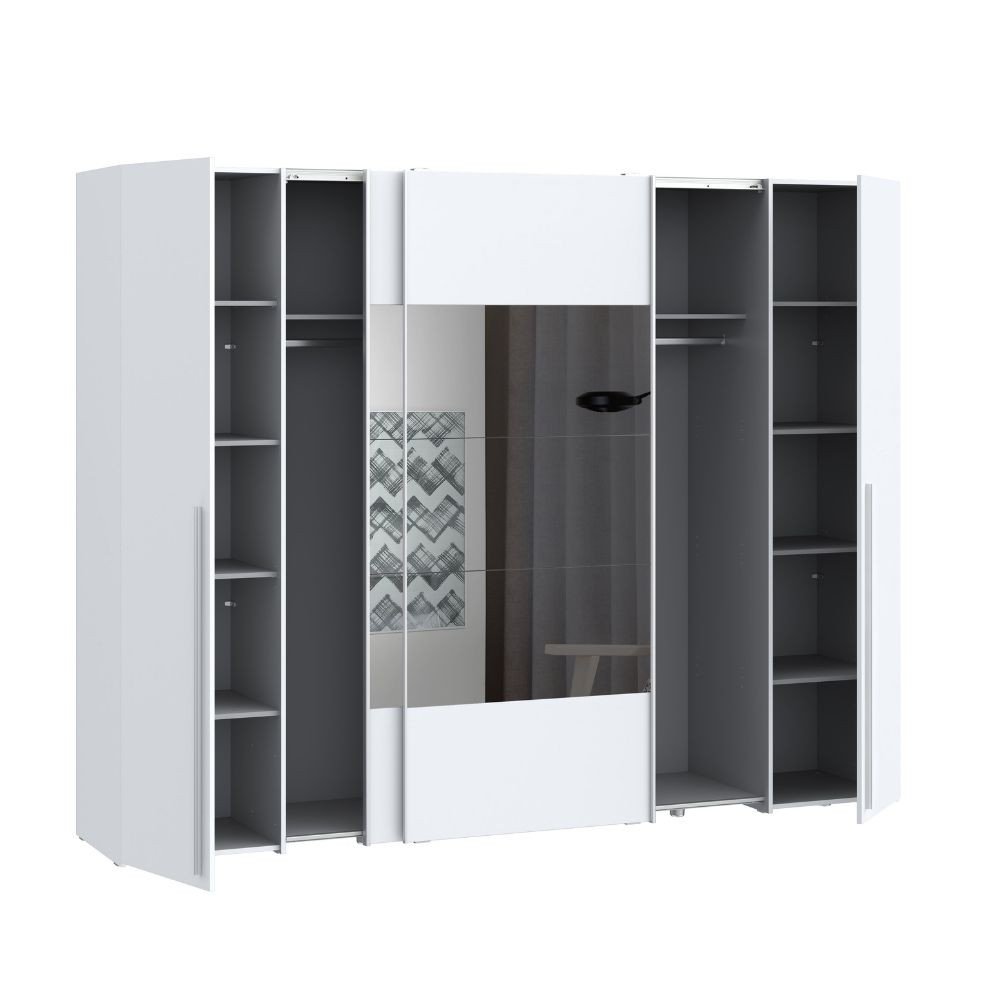 Armadio Callia con 2 ante battenti colore bianco e 2 ante scorrevoli con specchio 270.3x61.2xH210.5 cm.