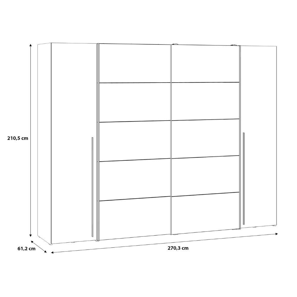 Armadio Callia con 2 ante battenti colore bianco e 2 ante scorrevoli con specchio 270.3x61.2xH210.5 cm.