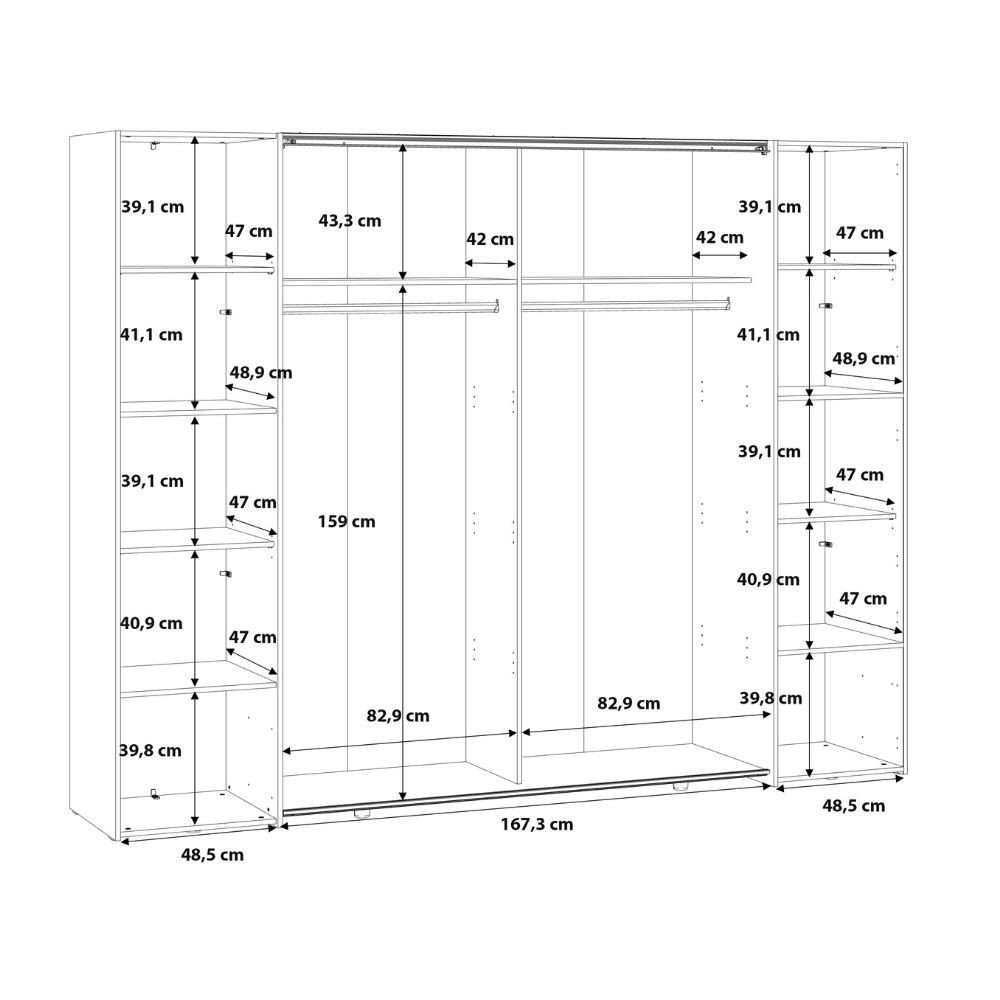 Armadio Callia con 2 ante battenti colore bianco e 2 ante scorrevoli con specchio 270.3x61.2xH210.5 cm.