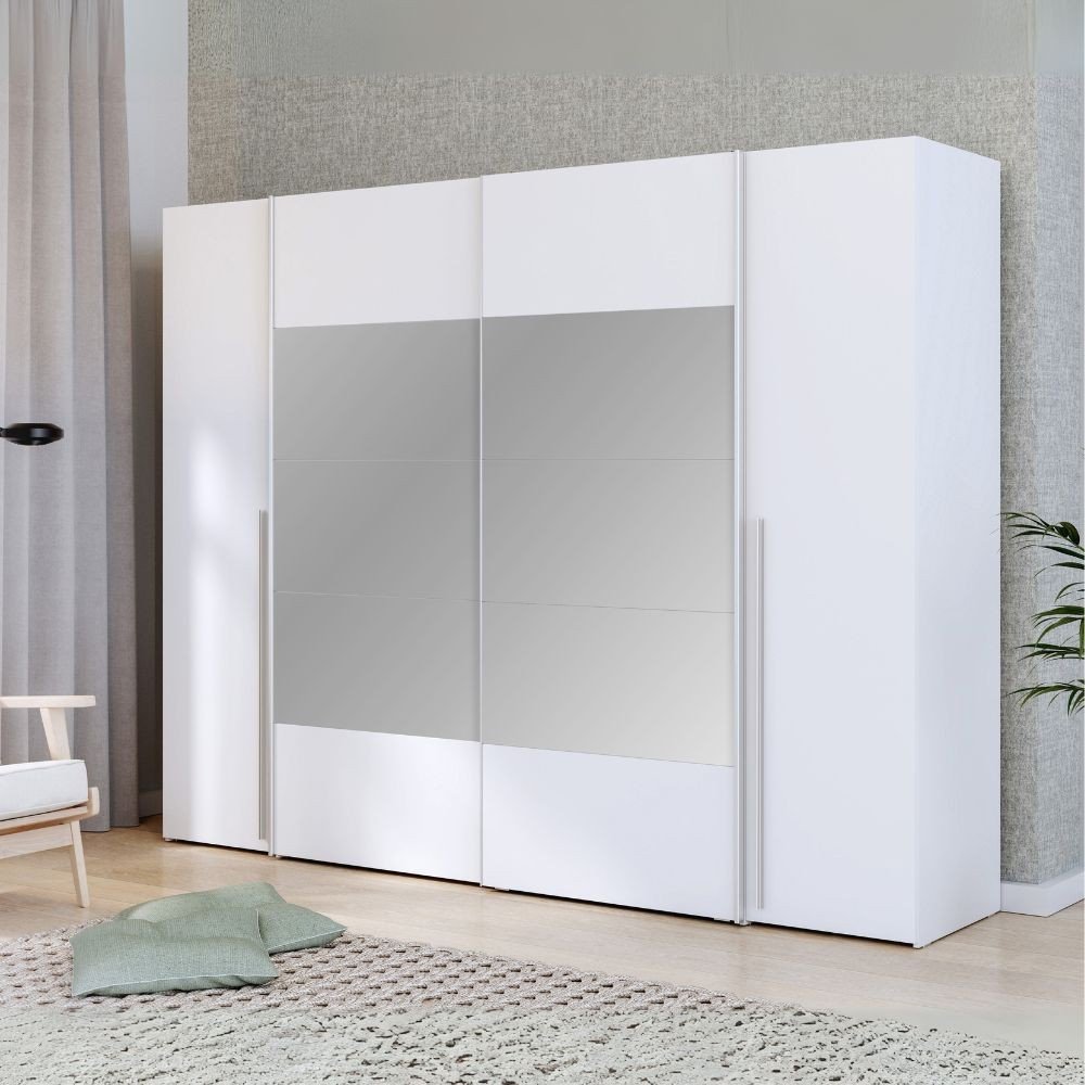 Armadio Callia con 2 ante battenti colore bianco e 2 ante scorrevoli con specchio 270.3x61.2xH210.5 cm.