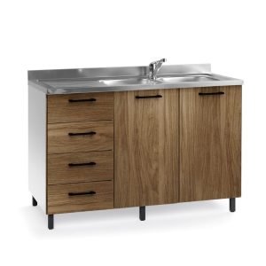 Base sottolavello con cassettiera 120x50x85H struttura bianca e ante noce naturale sinistro lavello incluso
