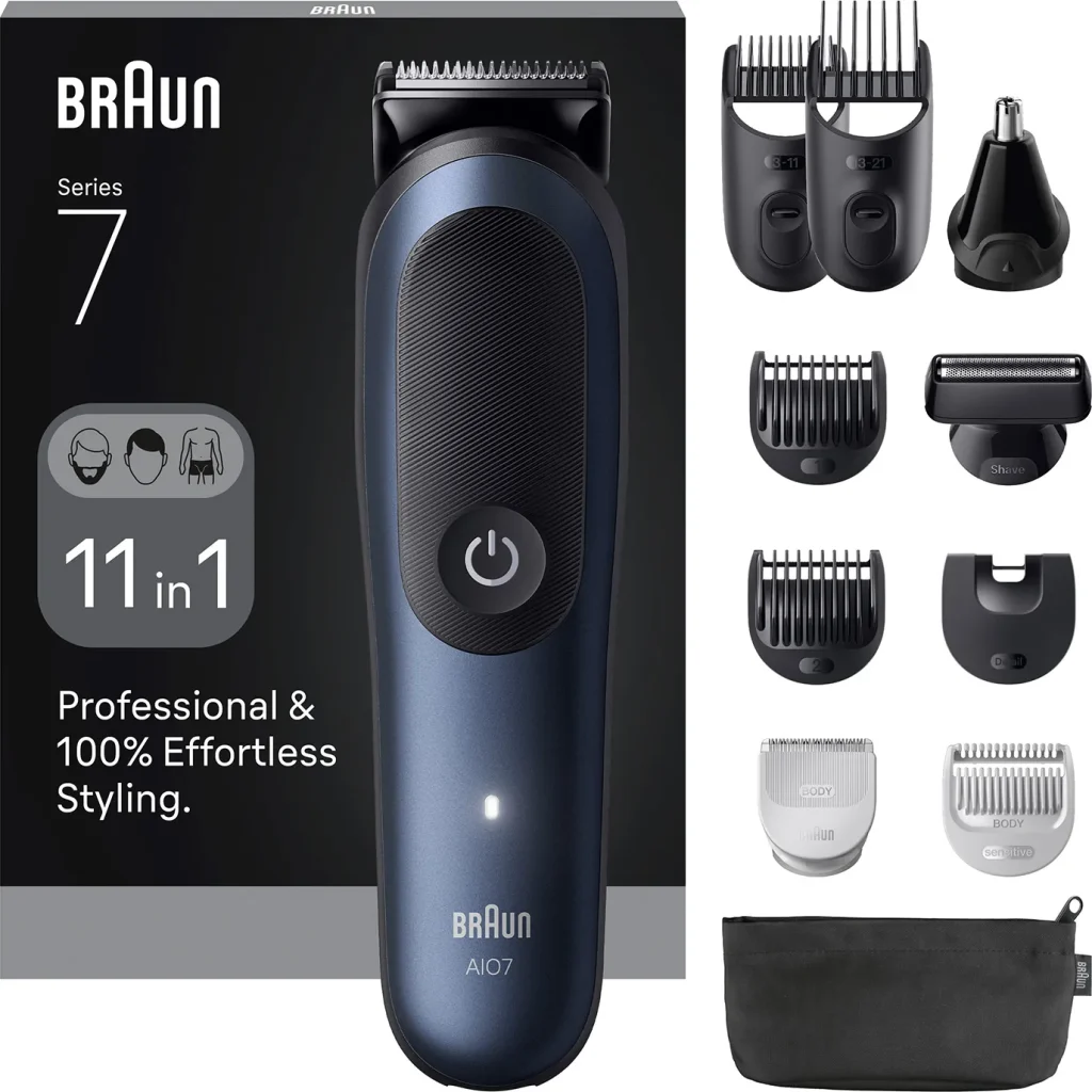 Braun Rifinitore All in One per Barba e Capelli 11 in 1 Ricaricabile Autonomia 120 Minuti 14 Lungheze colore Blu/Nero serie 7 - AIO7540