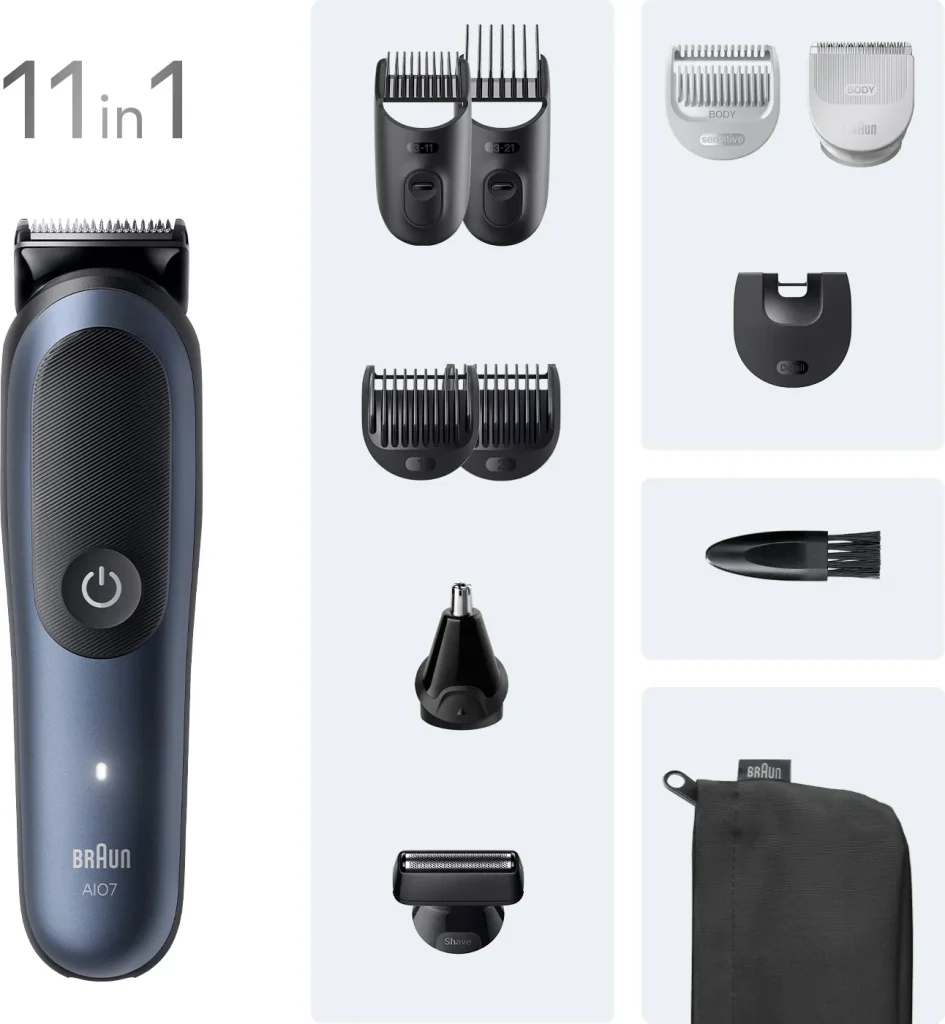 Braun Rifinitore All in One per Barba e Capelli 11 in 1 Ricaricabile Autonomia 120 Minuti 14 Lungheze colore Blu/Nero serie 7 - AIO7540