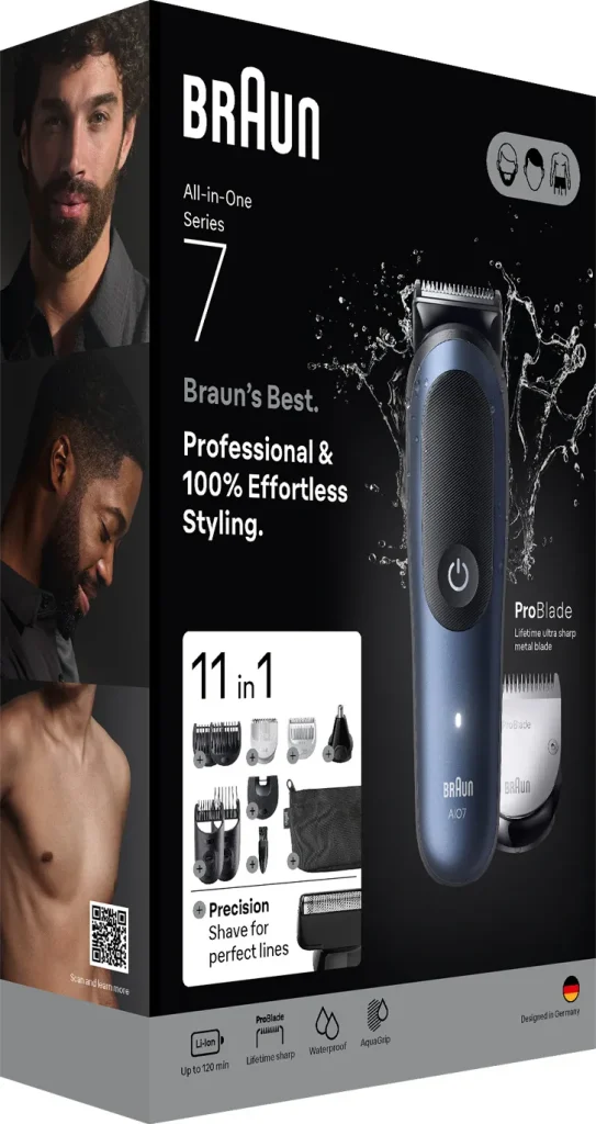 Braun Rifinitore All in One per Barba e Capelli 11 in 1 Ricaricabile Autonomia 120 Minuti 14 Lungheze colore Blu/Nero serie 7 - AIO7540