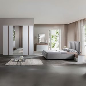 Camera da letto Amor con armadio 6 ante con specchio e letto imbottito con contenitore colore bianco e dettagli grigio