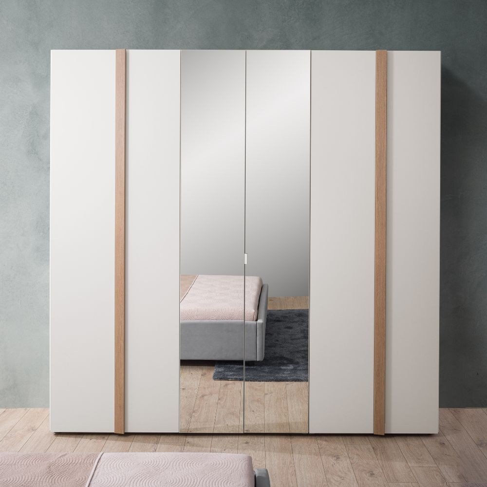 Camera da letto Amor con armadio 6 ante con specchio e letto imbottito con contenitore colore bianco e dettagli rovere