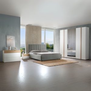 Camera da letto Amor con armadio 6 ante con specchio e letto imbottito con contenitore colore bianco e dettagli rovere