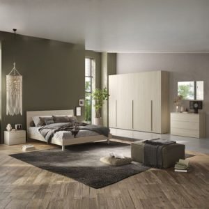 Camera da letto Corinna con armadio 6 ante battenti e letto in legno colore olmo