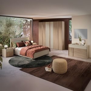 Camera da letto Faba con armadio 6 ante battenti in noce e talco e con letto contenitore imbottito Parigi in tessuto corda