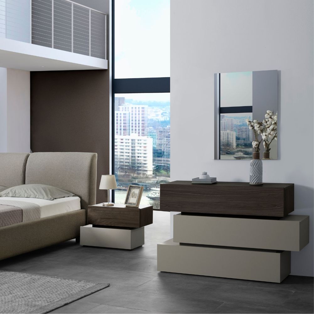 Camera da letto Kendra con letto contenitore imbottito e armadio 2 ante scorrevoli con specchi colore tortora noce