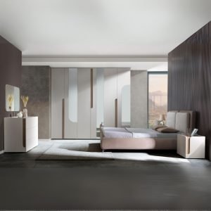 Camera da letto Loana con letto imbottito contenitore e armadio 6 ante con specchi colore cashmere biscotto