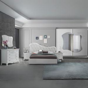 Camera da letto Marsida colore bianco larice con armadio 2 ante scorrevoli con serigrafia glitter