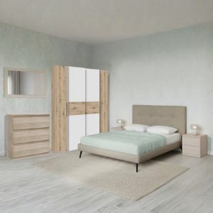 Camera da letto Milk con armadio 2 ante scorrevoli e 2 ante battenti rovere e bianco e letto Stiletto tortora