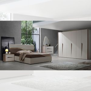 Camera da letto Soleil con letto contenitore colore cashmere e olmo biscotto