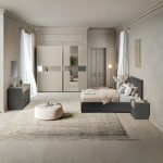 Camera da letto Tania in grigio e talco con armadio 2 ante scorrevoli con specchi e letto contenitore Napoli grigio