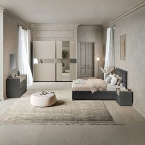 Camera da letto Tania in grigio e talco con armadio 2 ante scorrevoli con specchi e letto contenitore Napoli grigio