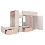 Cameretta 1262 con letto a castello con due cassettoni e armadio reversibile colore bianco consumato e rosa antico
