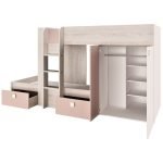 Cameretta 1262 con letto a castello con due cassettoni e armadio reversibile colore bianco consumato e rosa antico
