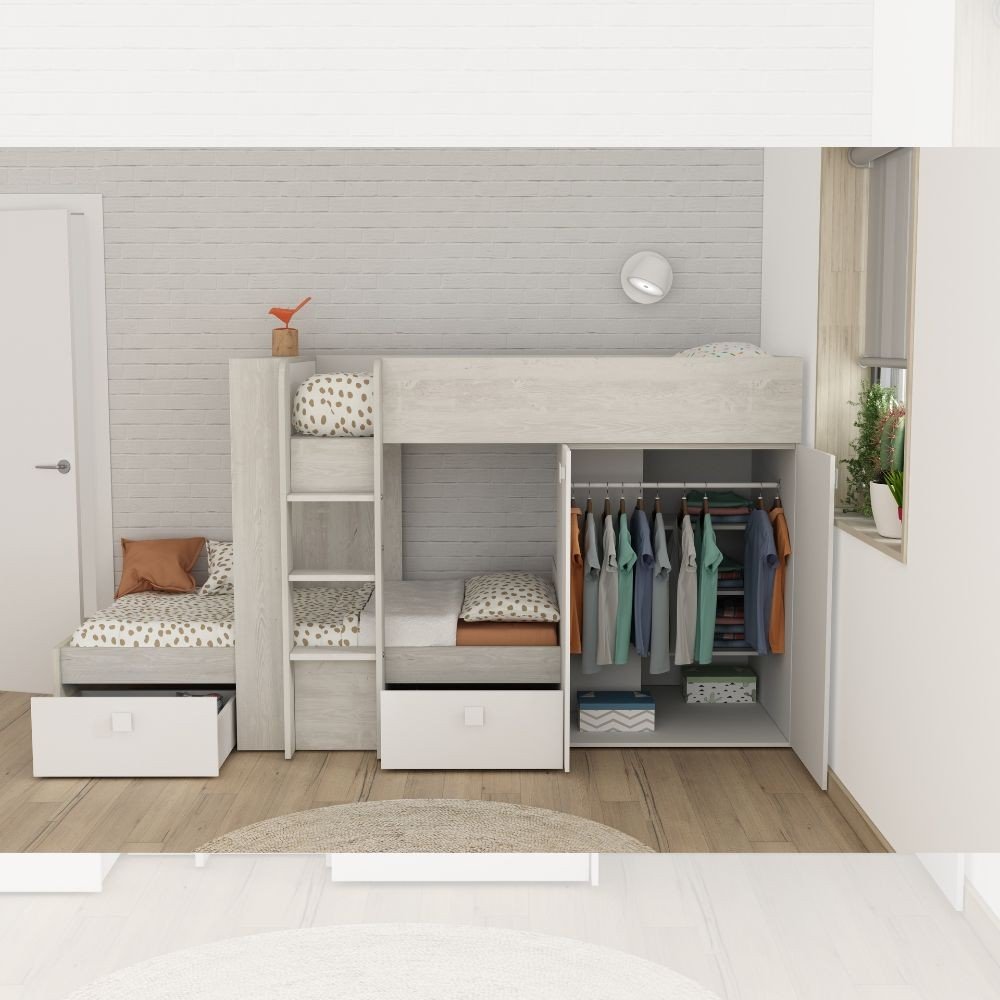 Cameretta 1266 con letto a castello con due cassettoni e armadio reversibile colore bianco vintage