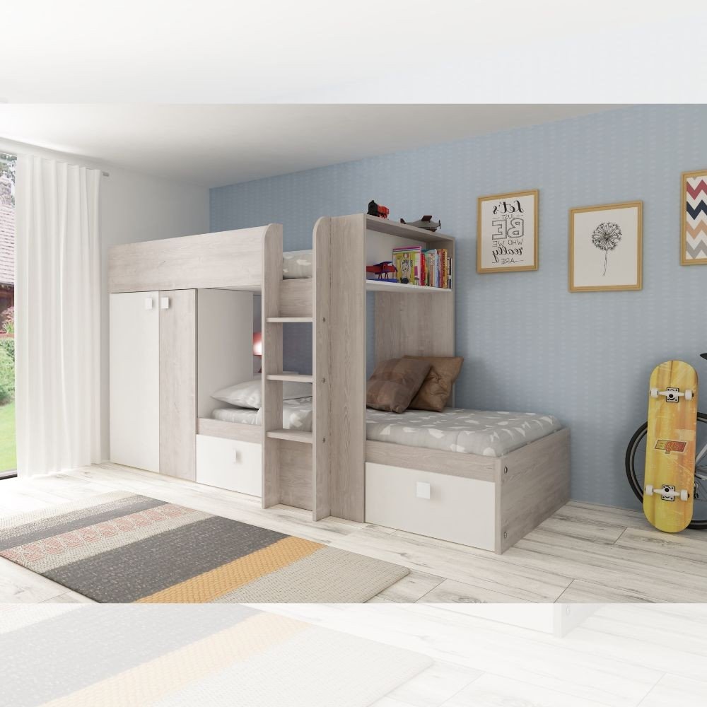Cameretta 1266 con letto a castello con due cassettoni e armadio reversibile colore bianco vintage