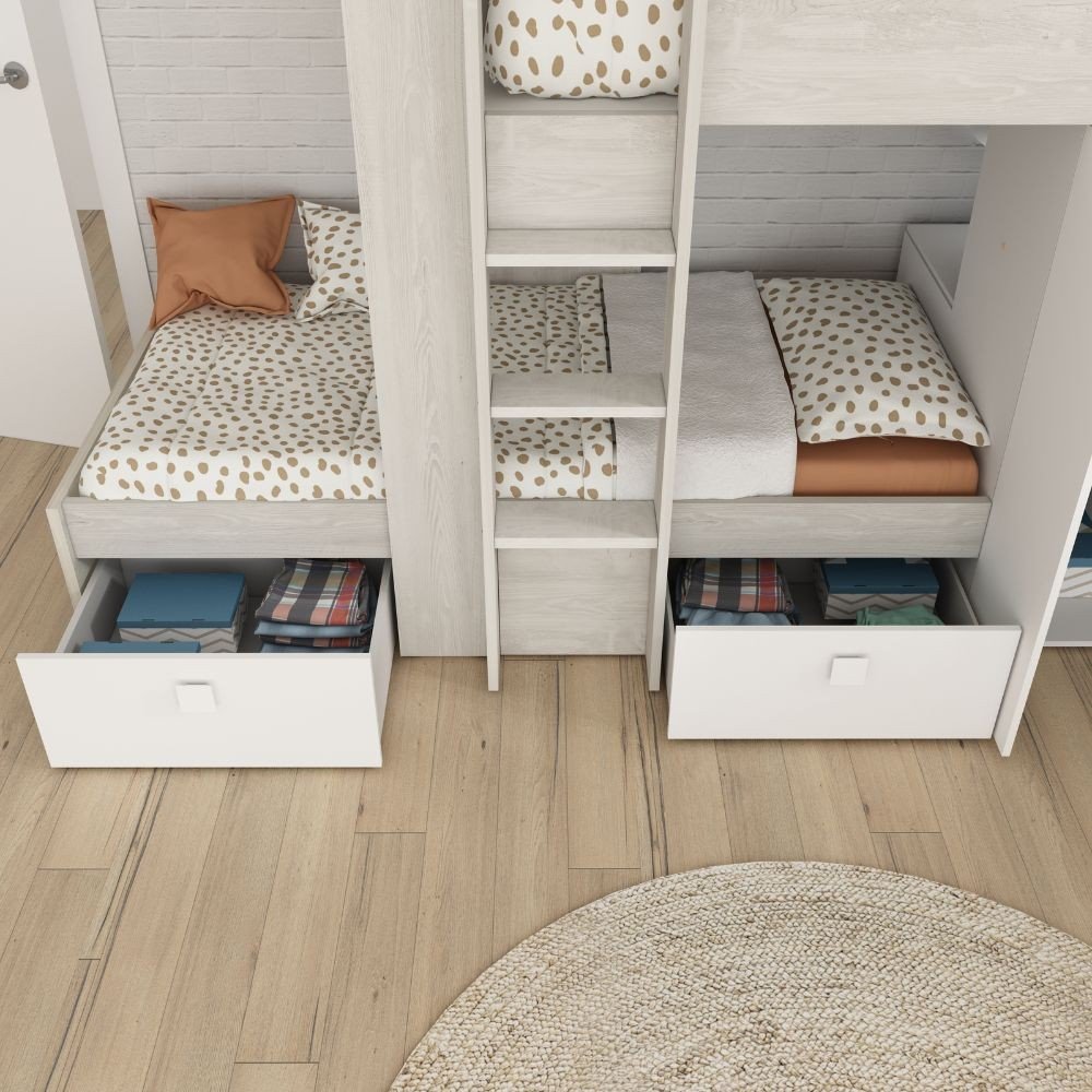Cameretta 1266 con letto a castello con due cassettoni e armadio reversibile colore bianco vintage