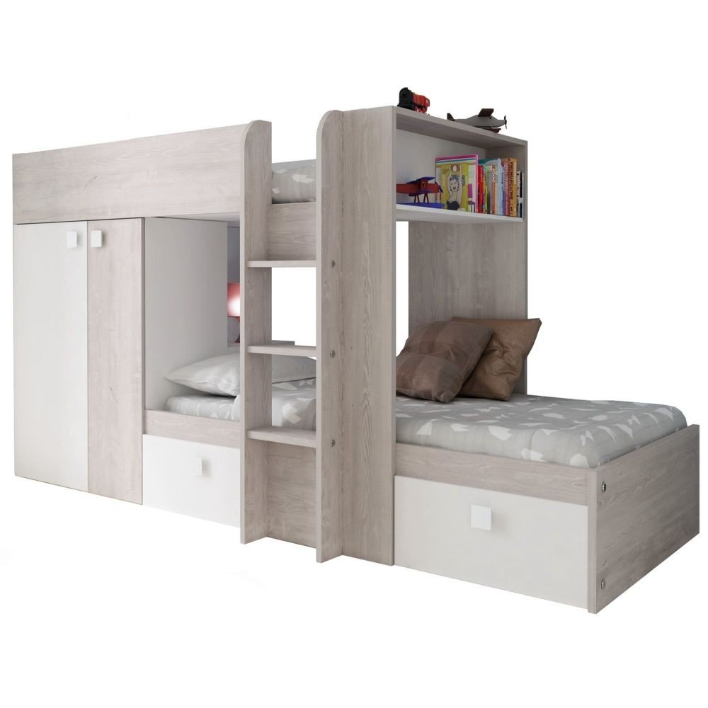 Cameretta 1266 con letto a castello con due cassettoni e armadio reversibile colore bianco vintage