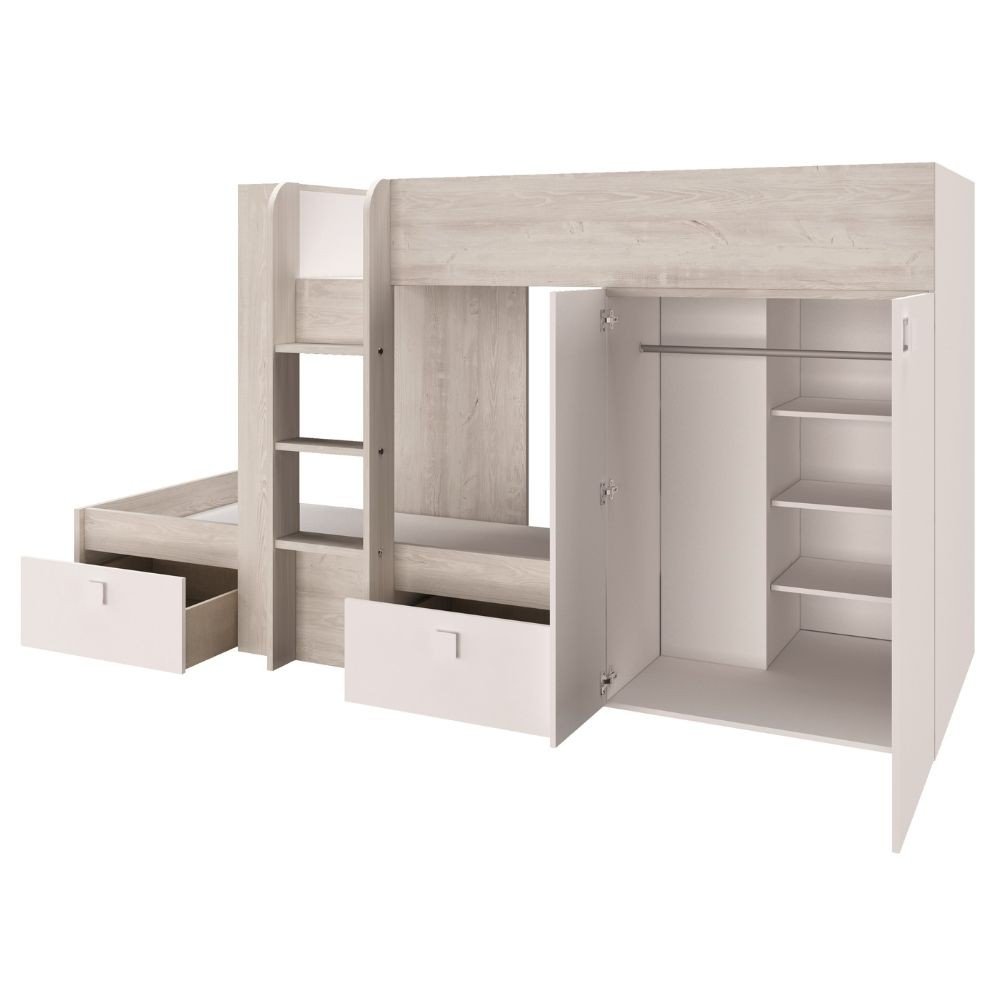 Cameretta 1266 con letto a castello con due cassettoni e armadio reversibile colore bianco vintage