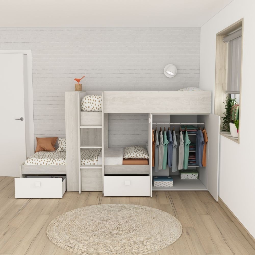 Cameretta 1266 con letto a castello con due cassettoni e armadio reversibile colore bianco vintage