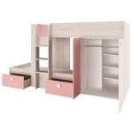 Cameretta 1267 con letto a castello con due cassettoni e armadio reversibile colore bianco consumato e rosa flamingo
