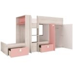 Cameretta 1267 con letto a castello con due cassettoni e armadio reversibile colore bianco consumato e rosa flamingo