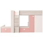 Cameretta 1267 con letto a castello con due cassettoni e armadio reversibile colore bianco consumato e rosa flamingo