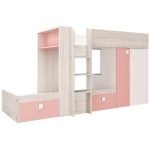 Cameretta 1267 con letto a castello con due cassettoni e armadio reversibile colore bianco consumato e rosa flamingo