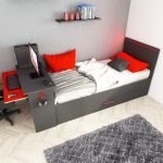 Cameretta 5040 con letto singolo con letto estraibile e scrivania incorporata colore antracite e rosso reversibile