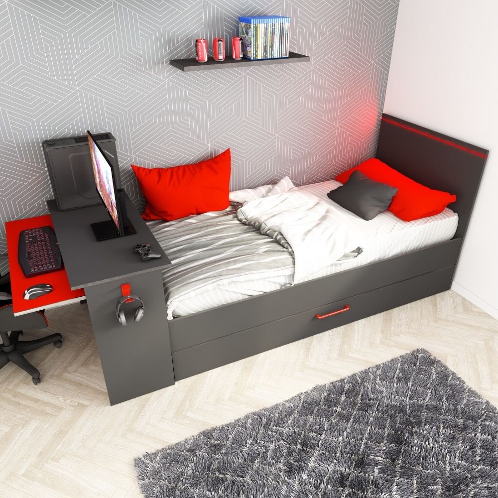 Cameretta 5040 con letto singolo con letto estraibile e scrivania incorporata colore antracite e rosso reversibile