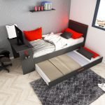 Cameretta 5040 con letto singolo con letto estraibile e scrivania incorporata colore antracite e rosso reversibile