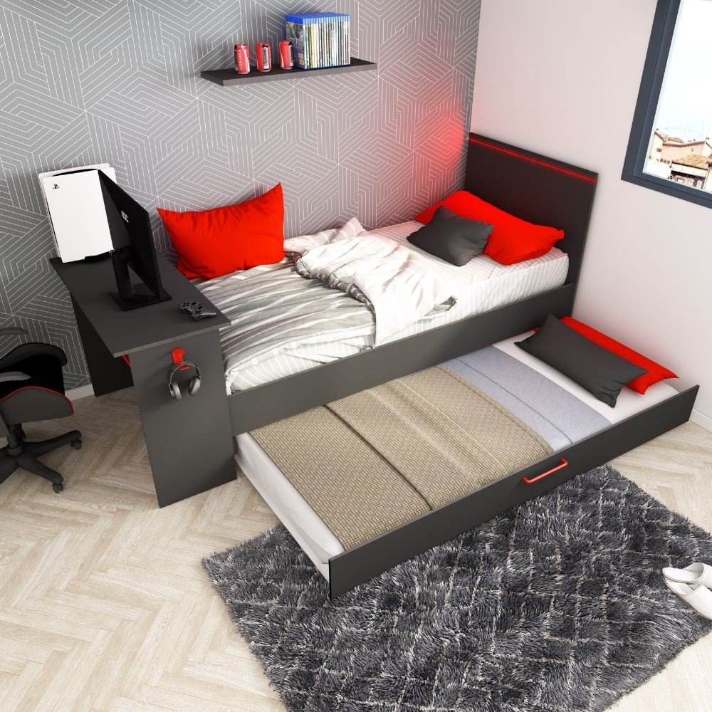Cameretta 5040 con letto singolo con letto estraibile e scrivania incorporata colore antracite e rosso reversibile