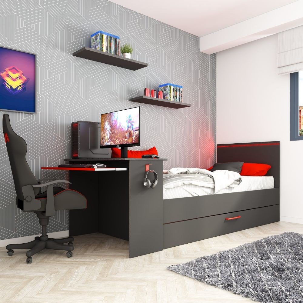 Cameretta 5040 con letto singolo con letto estraibile e scrivania incorporata colore antracite e rosso reversibile
