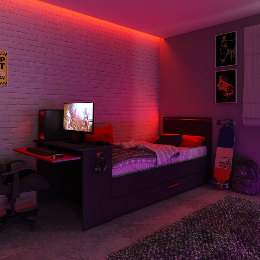 Cameretta 5040 con letto singolo con letto estraibile e scrivania incorporata colore antracite e rosso reversibile