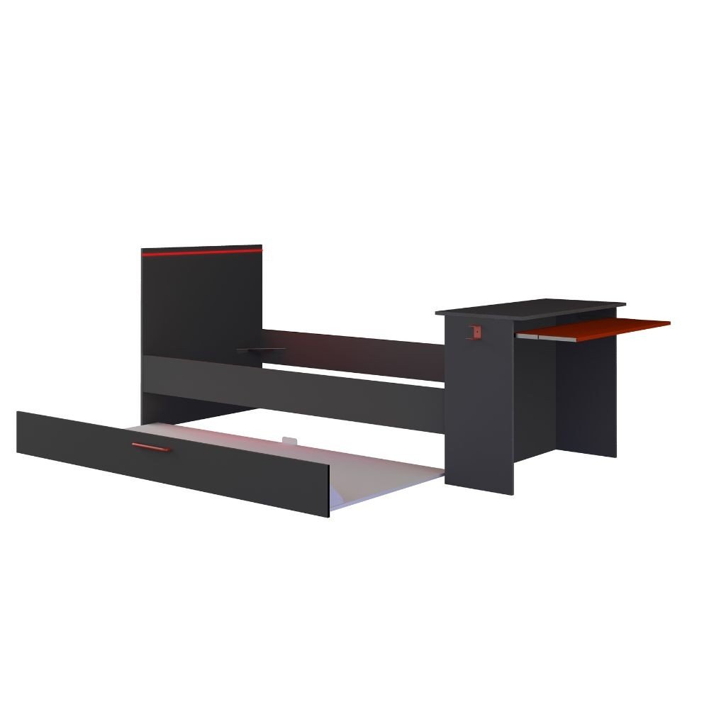 Cameretta 5040 con letto singolo con letto estraibile e scrivania incorporata colore antracite e rosso reversibile