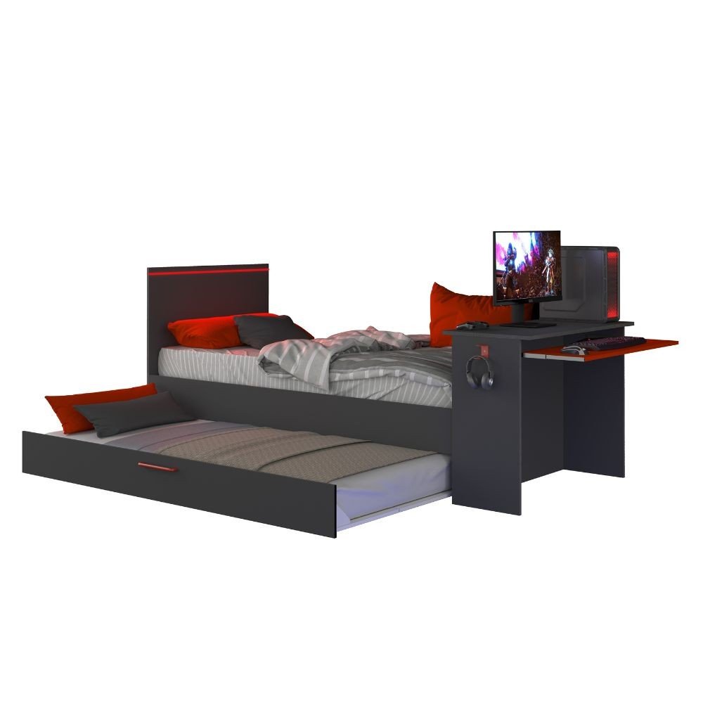 Cameretta 5040 con letto singolo con letto estraibile e scrivania incorporata colore antracite e rosso reversibile